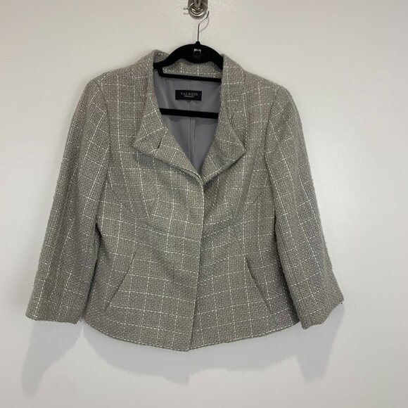 Talbots Women's Plaid Wool Stitched Coat grey white 3/4 sleeves - Picture 2 of 8